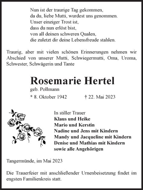 Traueranzeigen Von Rosemarie Hertel Abschied Nehmen De