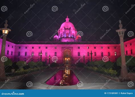 Night Colourful View Of Rashtrapati Bhawan In Delhi India Famous