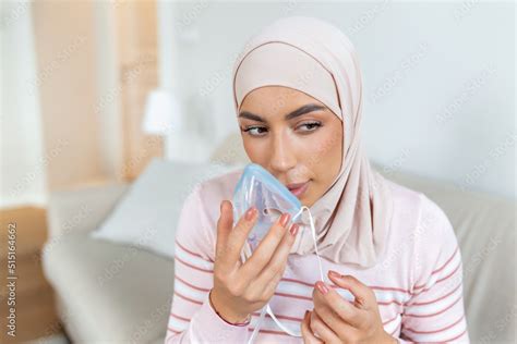 Sick Muslim Woman With Hijab On Oxygen Mask Inhalation Pneumonia