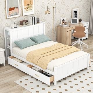 White Full Size Platform Bed with Drawers and Storage Shelves Storage ...