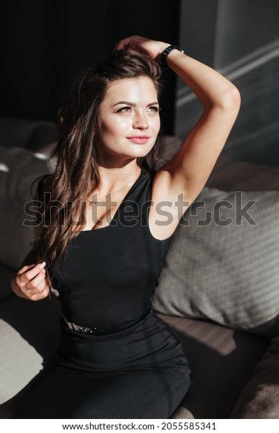 Portrait Sexy Brunette Black Dress On Stock Photo Shutterstock
