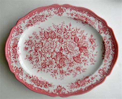 Vintage English Red Toile Pink Transferware Platter Big Cabbage Roses