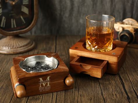 Wood Cigar Ashtray Coaster With Whiskey Glass Tray Set Jjleatherhouse