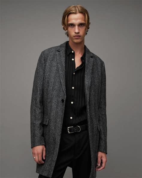 Manor Single Breasted Herringbone Coat Black Allsaints Us