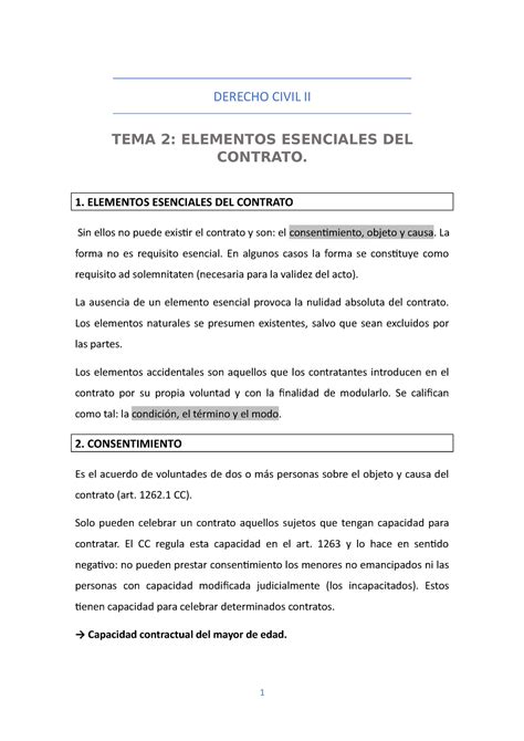 Tema 2 Elementos Esenciales Del Contrato I DERECHO CIVIL II TEMA 2