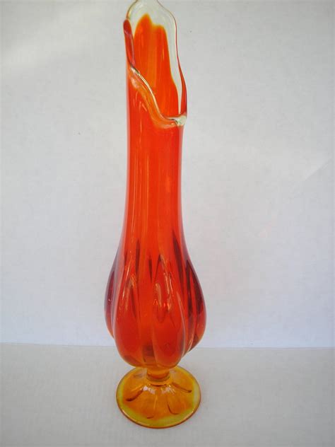 Mid Century Art Glass Orange Amberina Stretch Pedestal Vase