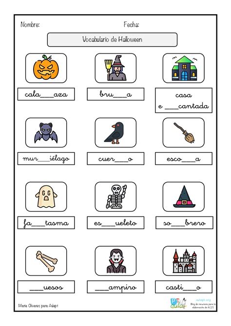 Ficha de repaso ortográfico con vocabulario de Halloween Aula PT