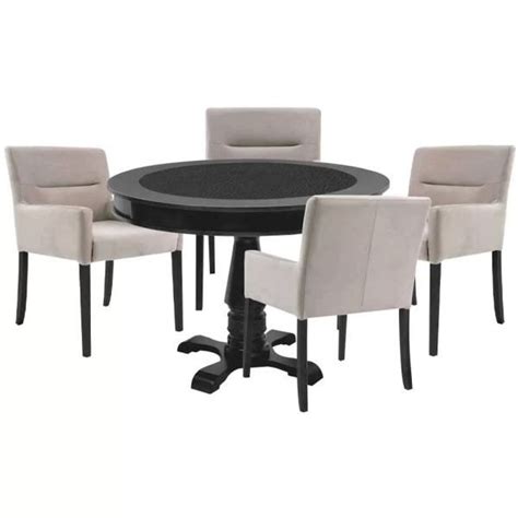 Mesa de Jogos Carteado Redonda Victoria Tampo Reversível Preto 4 Cadeiras Vicenza Suede Nude