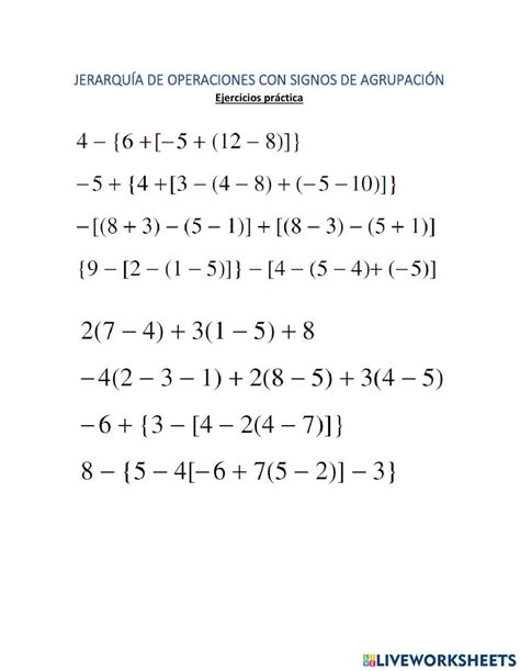 Jerarqu A De Operaciones Con Signos De Agrupaci N Worksheet Signos De