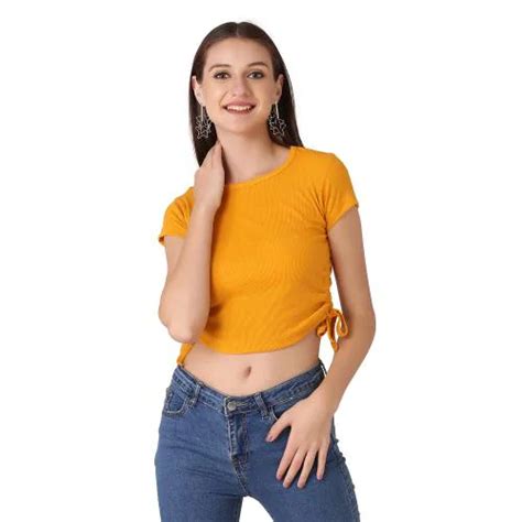 Buy Buynewtrend Yellow Cotton Rib Short Sleeve Crop Top For Women