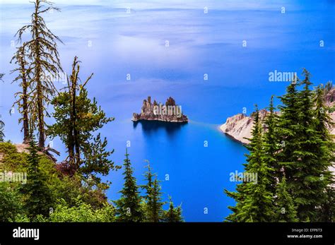 Looking Down On Crater Lake And The Island Called The Phantom Ship