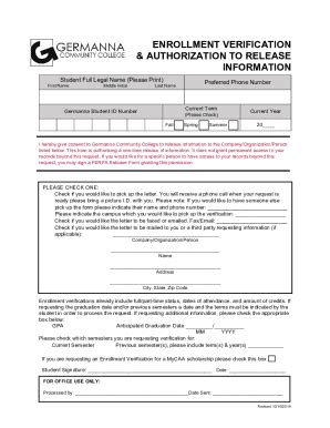 Fillable Online Enrollment Verification Authorization To Release