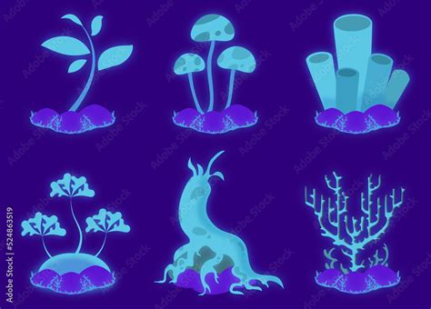 A Set Of Glow In The Dark Icons Plants Fungi Lichens Fantasy