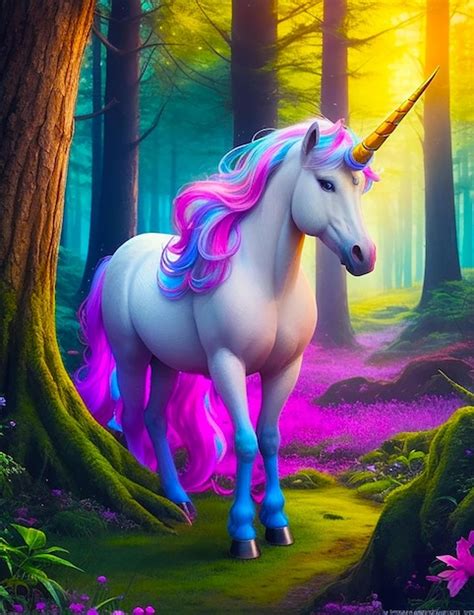 Premium Photo Beautiful Unicorn In Magical Colorful Forest Generated