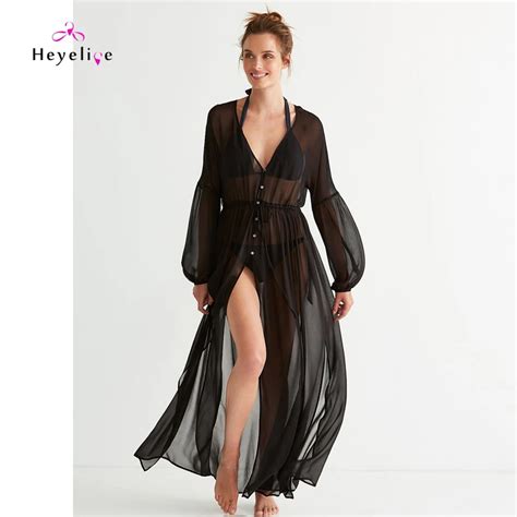 New Long Women Bikini Cover Up Black Chiffon Beach Dresses Long Sleeves