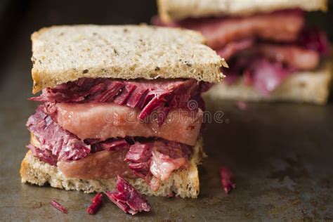 Rustic American Reuben Corned Beef Sandwich Stock Image - Image of ...