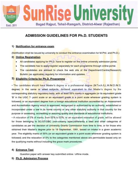 ADMISSION GUIDELINES FOR Ph.D. STUDENTS . | PDF | Doctor Of Philosophy | University And College ...