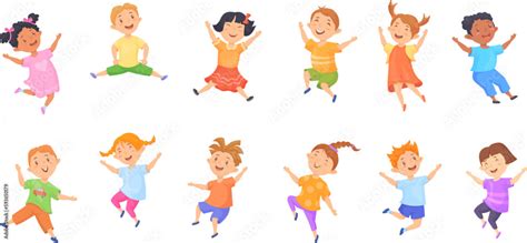 Kids jumping poses. Cute cartoon children jump pose, funny dance hands ...