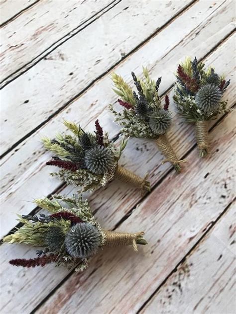 Dried Flower Thistle Wedding Buttonholes Made From Dried Flowers And