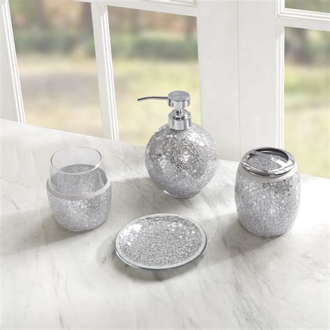 Home Essence 4 Piece Glass Bath Accessories Sets Silver