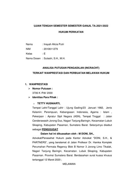 PDF Analisis Putusan Pengadilan Tentang Wanprestasi Dan PMH Inayah