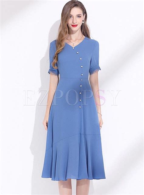 Dresses Skater Dresses Blue V Neck Chiffon Knee Length Dress Knee Length Dresses Casual