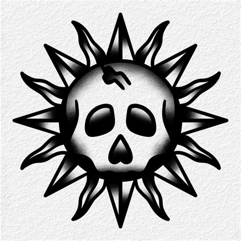 Traditional Black And Grey Skull Sun Tattoo Design In 2023