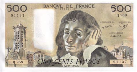 Banknote France 500 Francs Pascal 05 11 1987 Serial Q 268 P 156