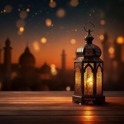 Premium Photo Beautiful Burning Arabic Lantern On Wooden