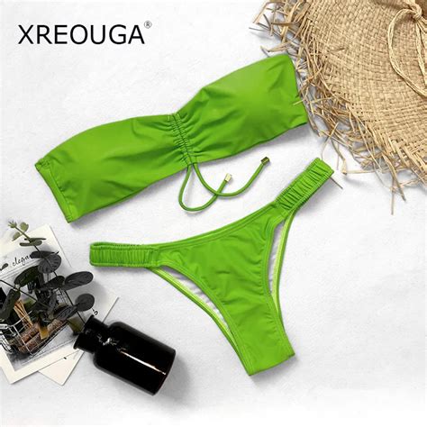 Xreouga Bandeau Bikini Set Ribbed Micro Push Up Sexy Brazilian Bikini Swimwear Bandage Bathing