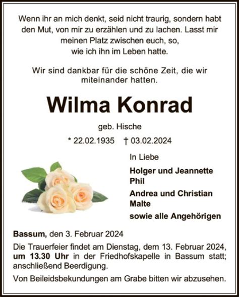 Traueranzeigen Von Wilma Konrad Trauer Kreiszeitung De