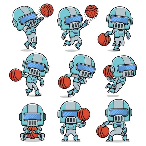 Netter Cartoon Roboter Der Basketball Spielt Premium Vektor