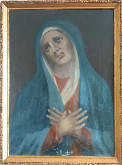 ANCIEN TABLEAU HUILE Sur Toile Vierge de douleur École Espagnole XIX