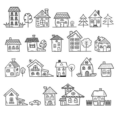 Doodle Home Set Hand Drawn Cute Houses Of Different Shapes And Types