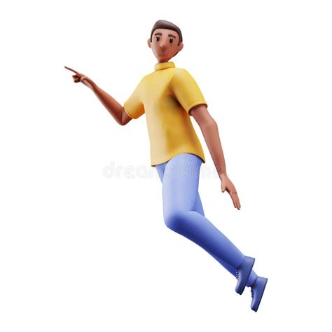 3d Young Man Jumping And Pointing His Finger Against White Stock