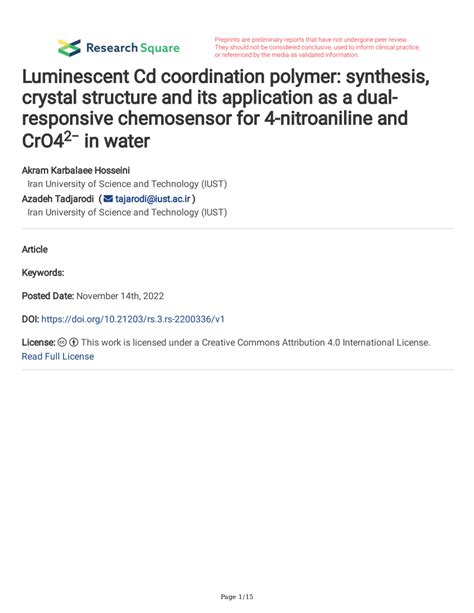 PDF Luminescent Cd Coordination Polymer Synthesis Crystal Structure