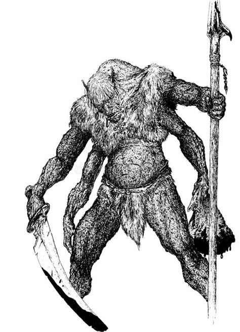 Orc Troll Ogre With Four Arms Sword Spear And A Sack From Which Blood