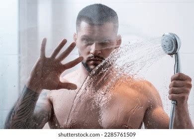 Portrait Naked Man Taking Shower Bathroom Stock Photo Shutterstock