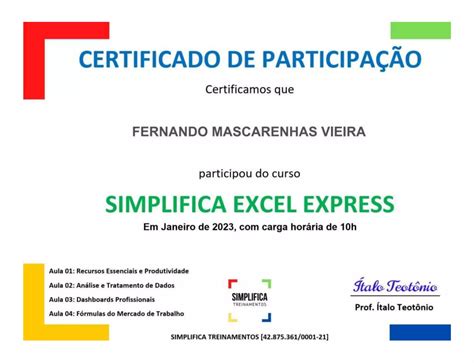 Certificado De Excel Simplifica Treinamentos Docx