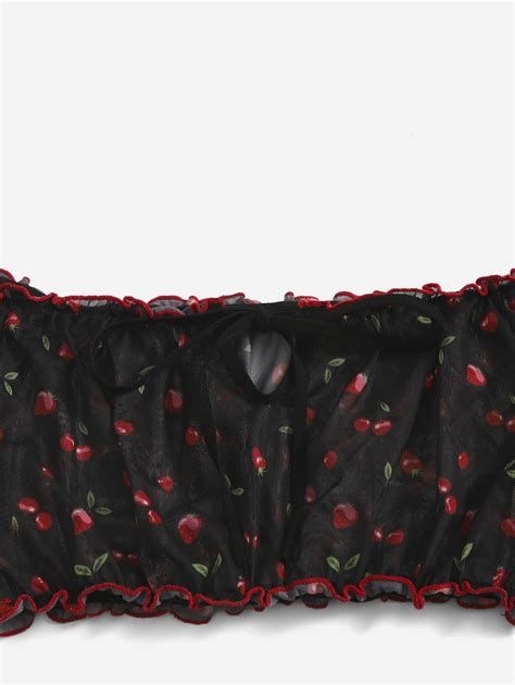 Romwe Kawaii X Gabiciamp Cherry Strawberry Print Mesh Frill Tie Side