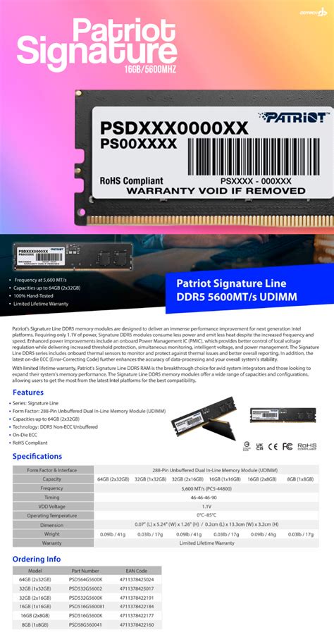 Memoria RAM Patriot Signature DDR5 16GB 5600MHz UDIMM Non ECC