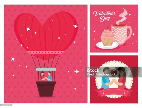 Set Of Happy Valentines Day Cards With Decoration Stock Illustration Download Image Now Art