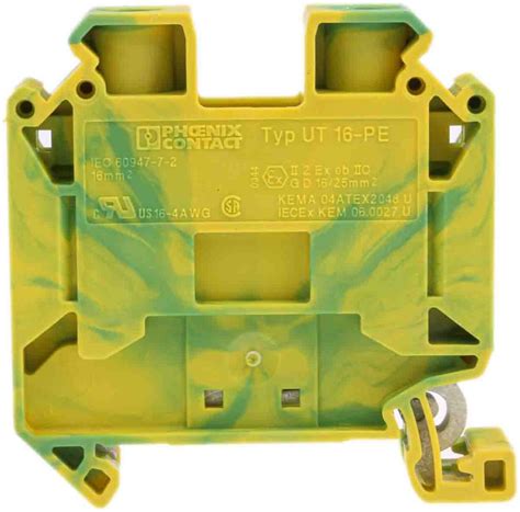 Phoenix Contact Green/Yellow UT 16-PE Earth Terminal Block, 16 → 4 AWG ...
