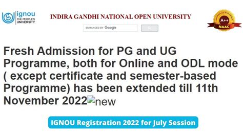 IGNOU Registration 2022 For July Session Extended Again Till 11 Nov