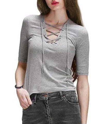 Stylish V Neck Short Sleeve Lace Up T Shirt For Women Plus Size Outfits