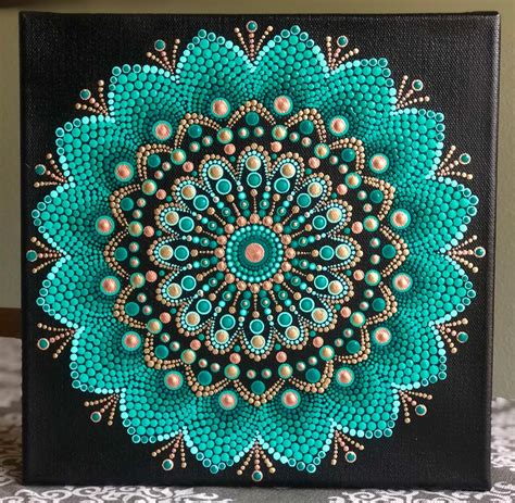 Vibrant Dot Mandala Hand Painted On Black Stretched Canvas 10 X 10 In