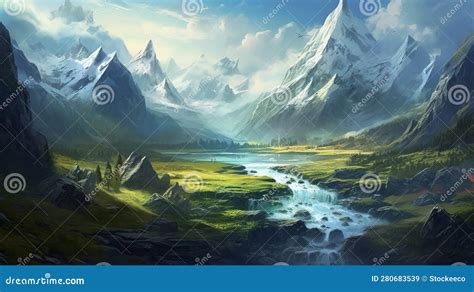 Epic Fantasy Mountain Scenery with Detailed Nature Depictions Stock ...