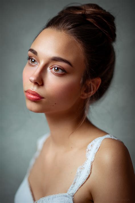 Dave Willems Women Brunette Hairbun Makeup Looking Away Portrait Simple