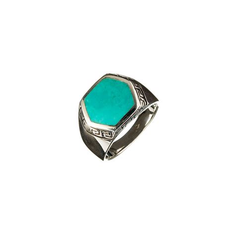 Anello A Cabochon Esagonale Di Turchese E Argento 925 Anelli Turchese