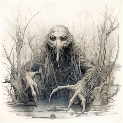 Premium AI Image | a drawing of a creepy creature with a fish in the water.